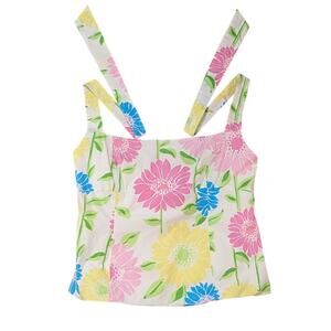 Lilly Pulitzer Vintage Top Womens Sz 14 White Floral Multicolor Halter Tie Back